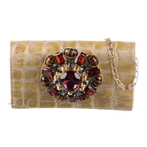 Carlos Falchi croc embossed patent leather crystal glass stone flower clutch #53